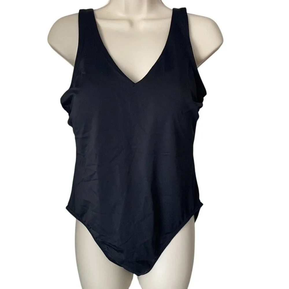 Lands' End Tugless V Neck‎ High Leg One Piece Swimsuit 12P Black NWOT